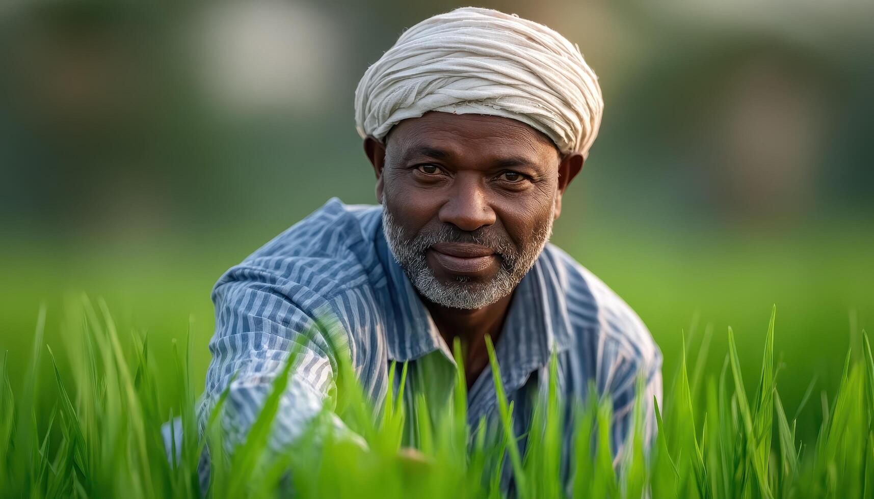Elderly indian farmer cultivating rice lush green field portrait outdoor heritage photo