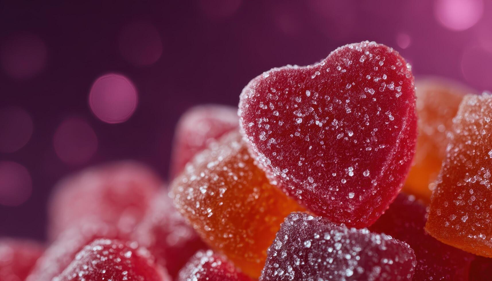 Colorful jelly candy hearts with sugar coating close-up macro texture sweet treats vibrant background photo