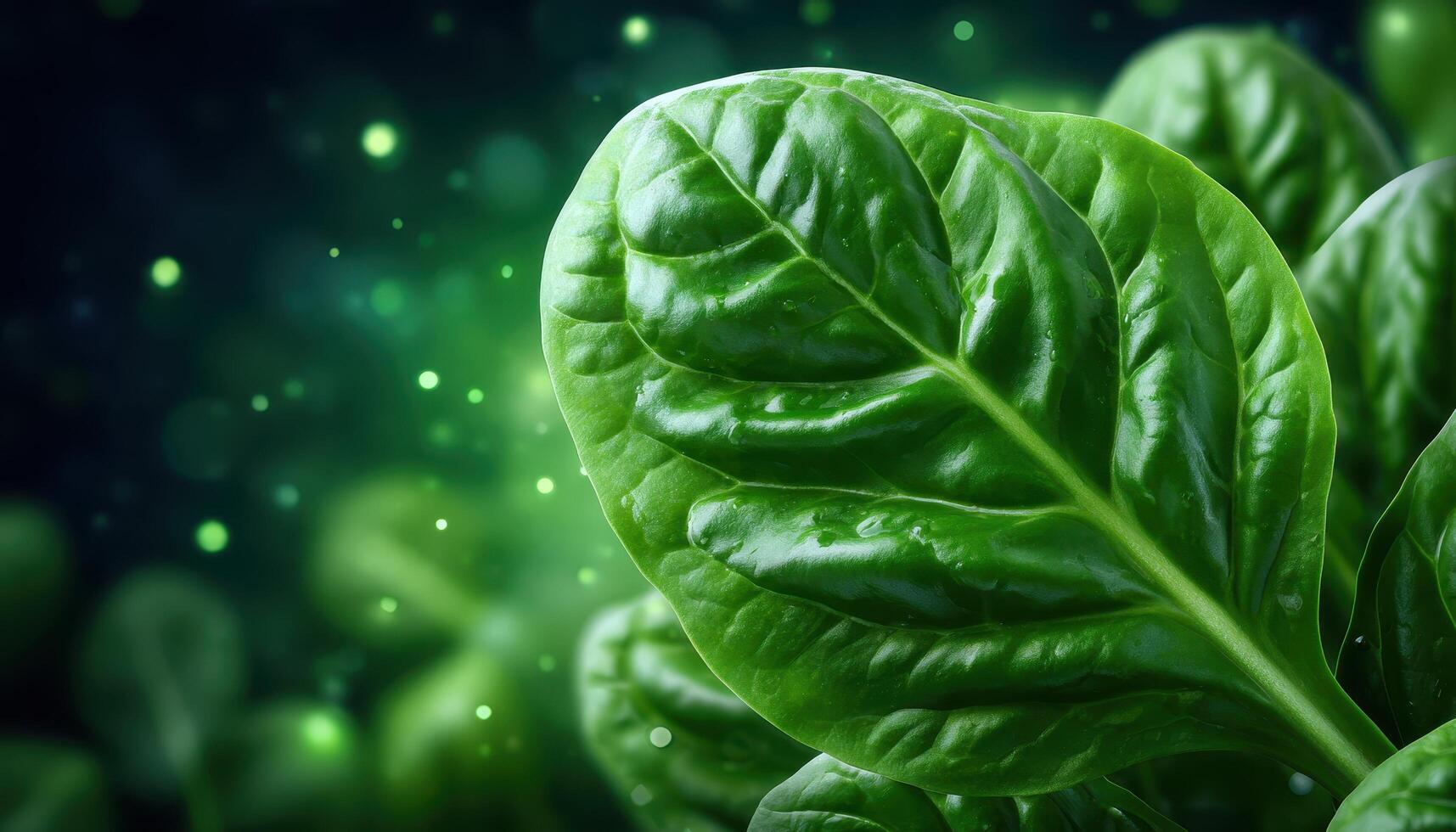 Macro fresh spinach leaf with veins and light spots in nature close-up photograph green background photo
