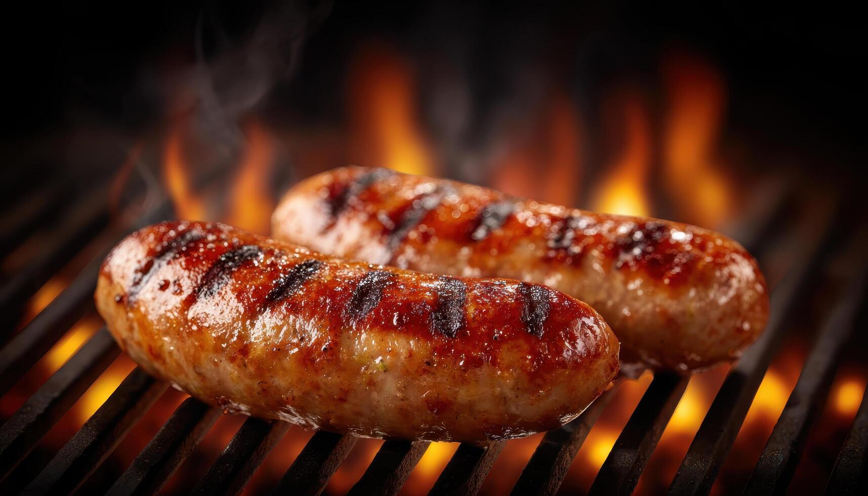 Grilled sausages sizzling on open flame barbecue backyard food photography evening culinary delight photo