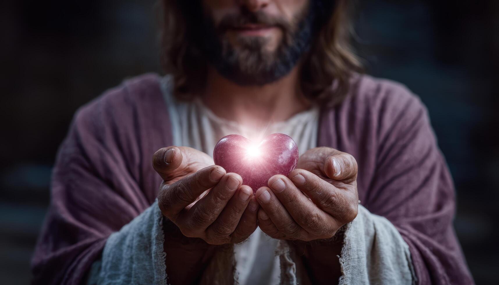 Jesus holding a glowing heart in his hands spiritual symbolism closeup emotional environment photo