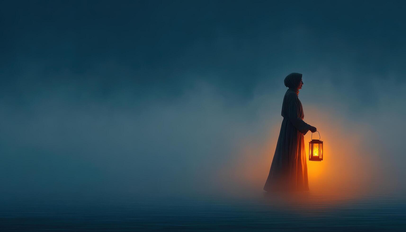 Mysterious woman with lantern in foggy forest at dusk captivating portrait ethereal atmosphere photo
