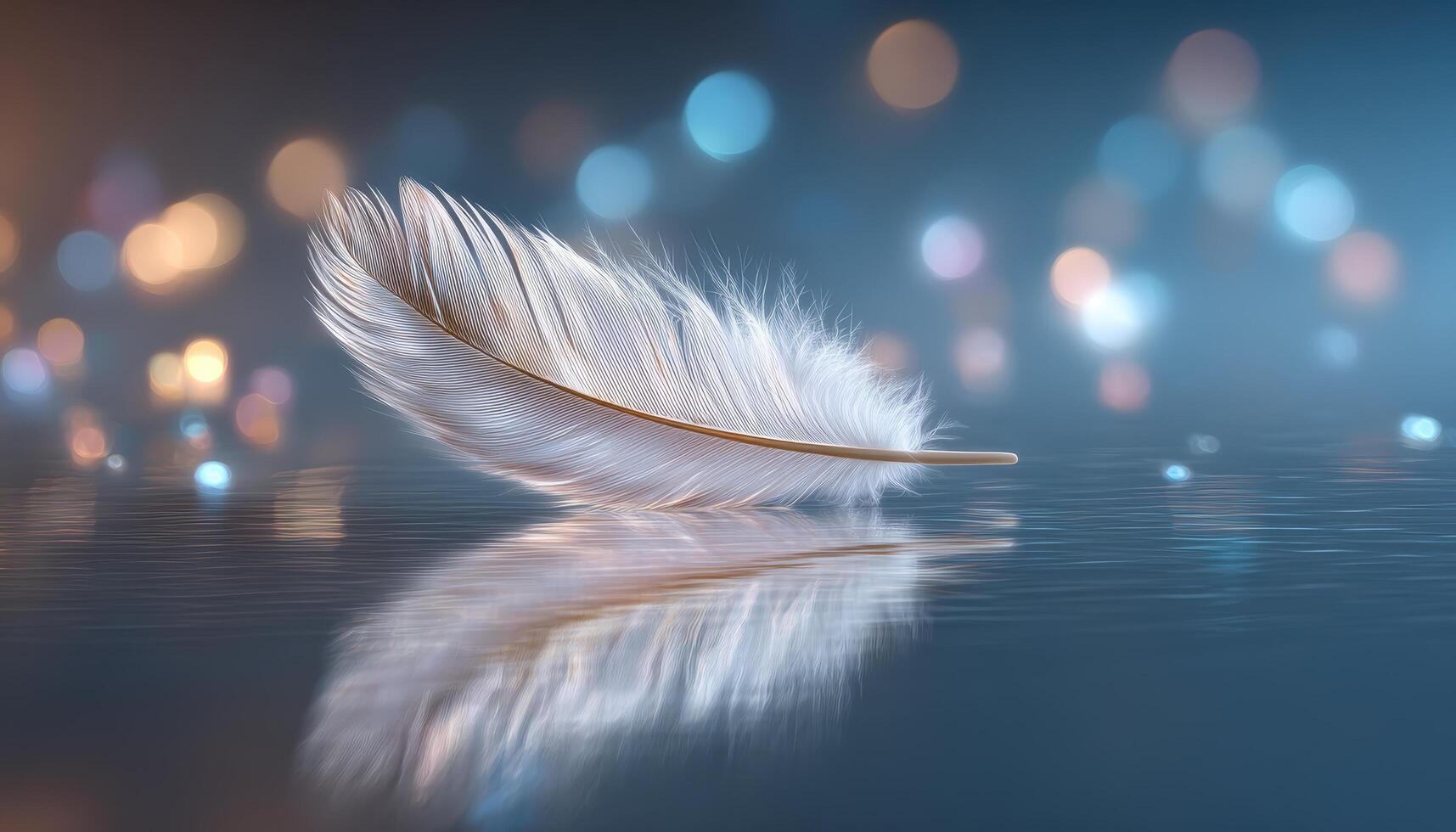 Delicate feather floating above glass surface soft bokeh background macro photography photo