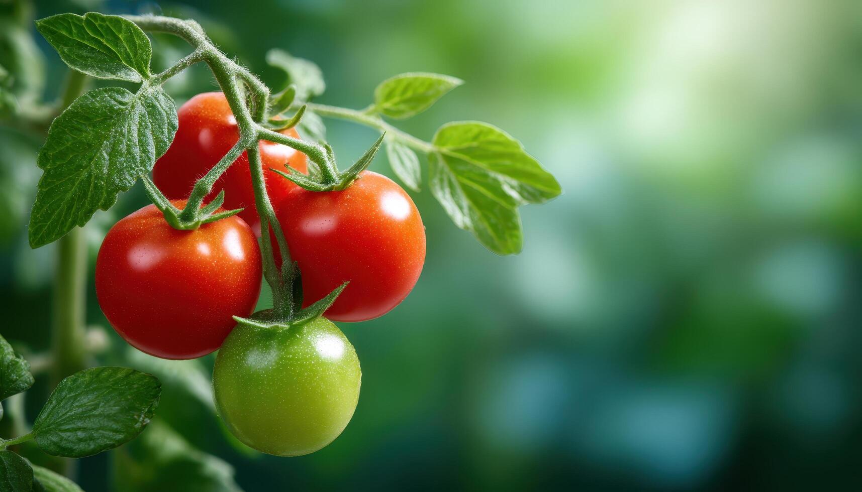 Closeup of organic tomatoes growing on vine in natural sunlight vibrant green background photo