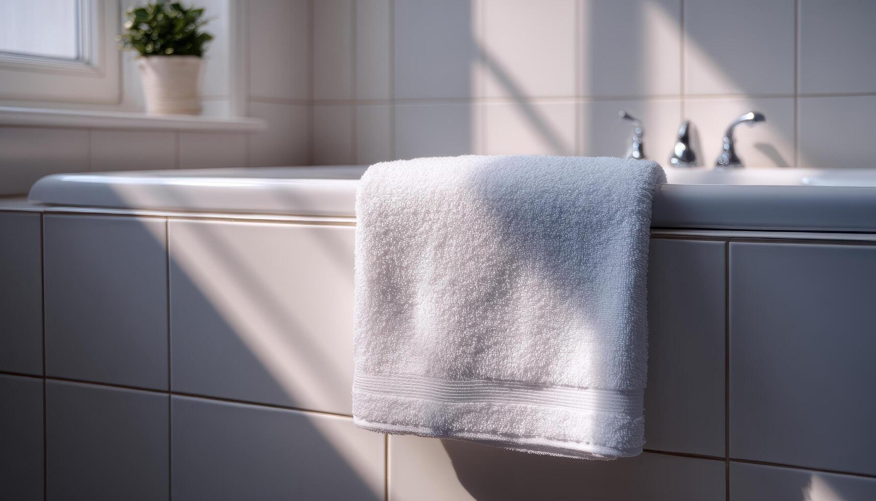 Morning sunlight illuminates bath towel over white bathtub in cozy bathroom setting photo