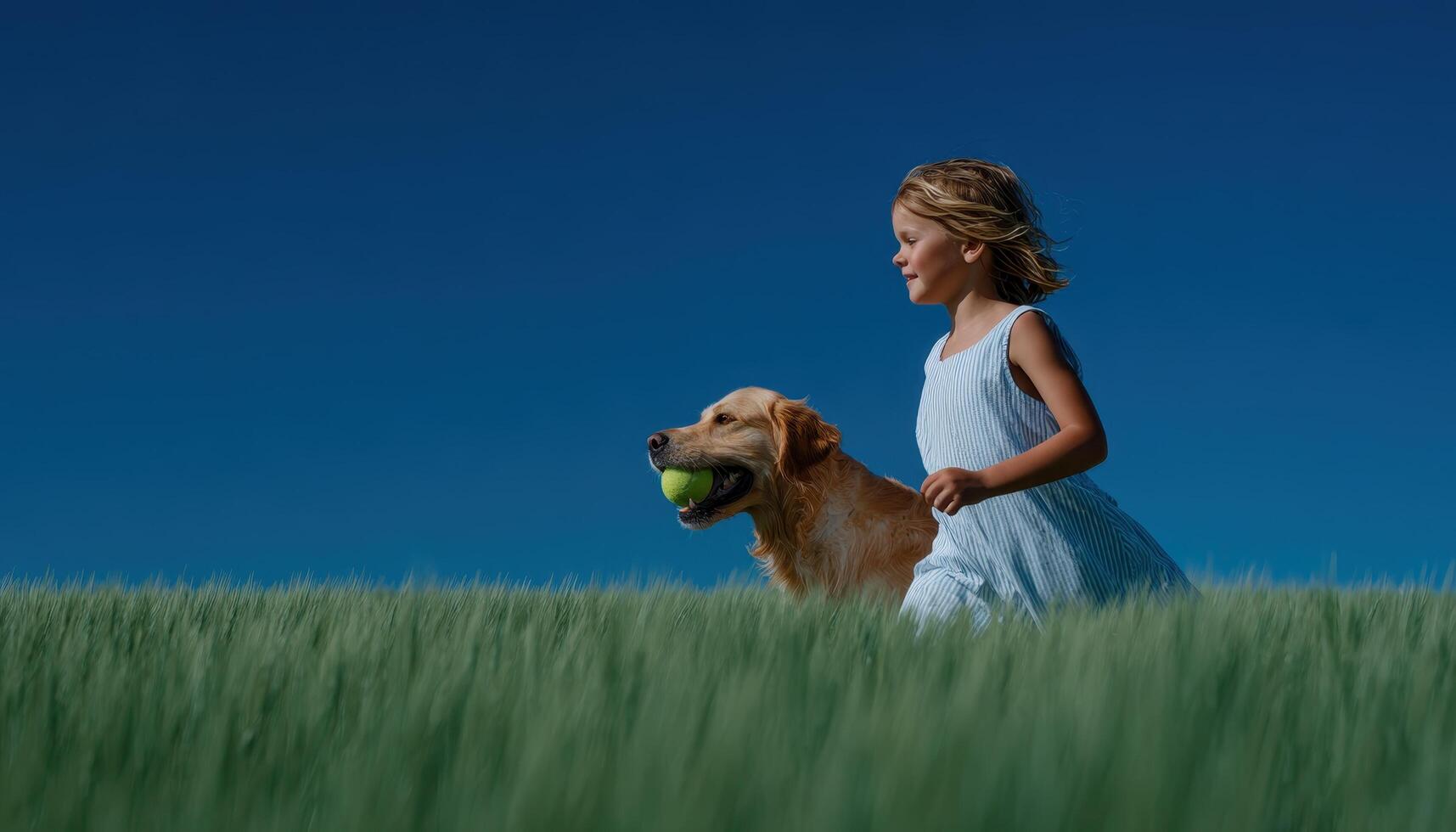 Girl playing fetch with her dog in a green field under clear blue sky photo
