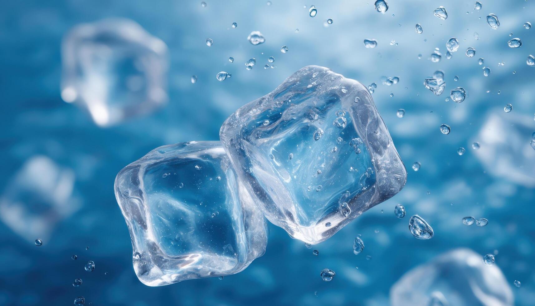 Macro photography of transparent ice cubes with intricate cracks underwater photo