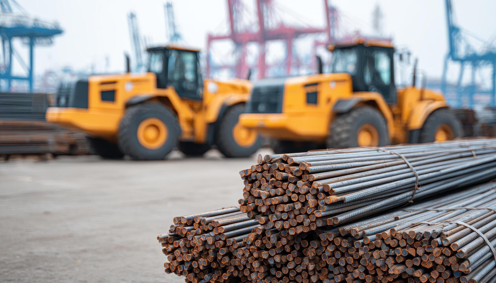 Construction equipment and iron rods bundled neatly at port industrial setting aerial view photo