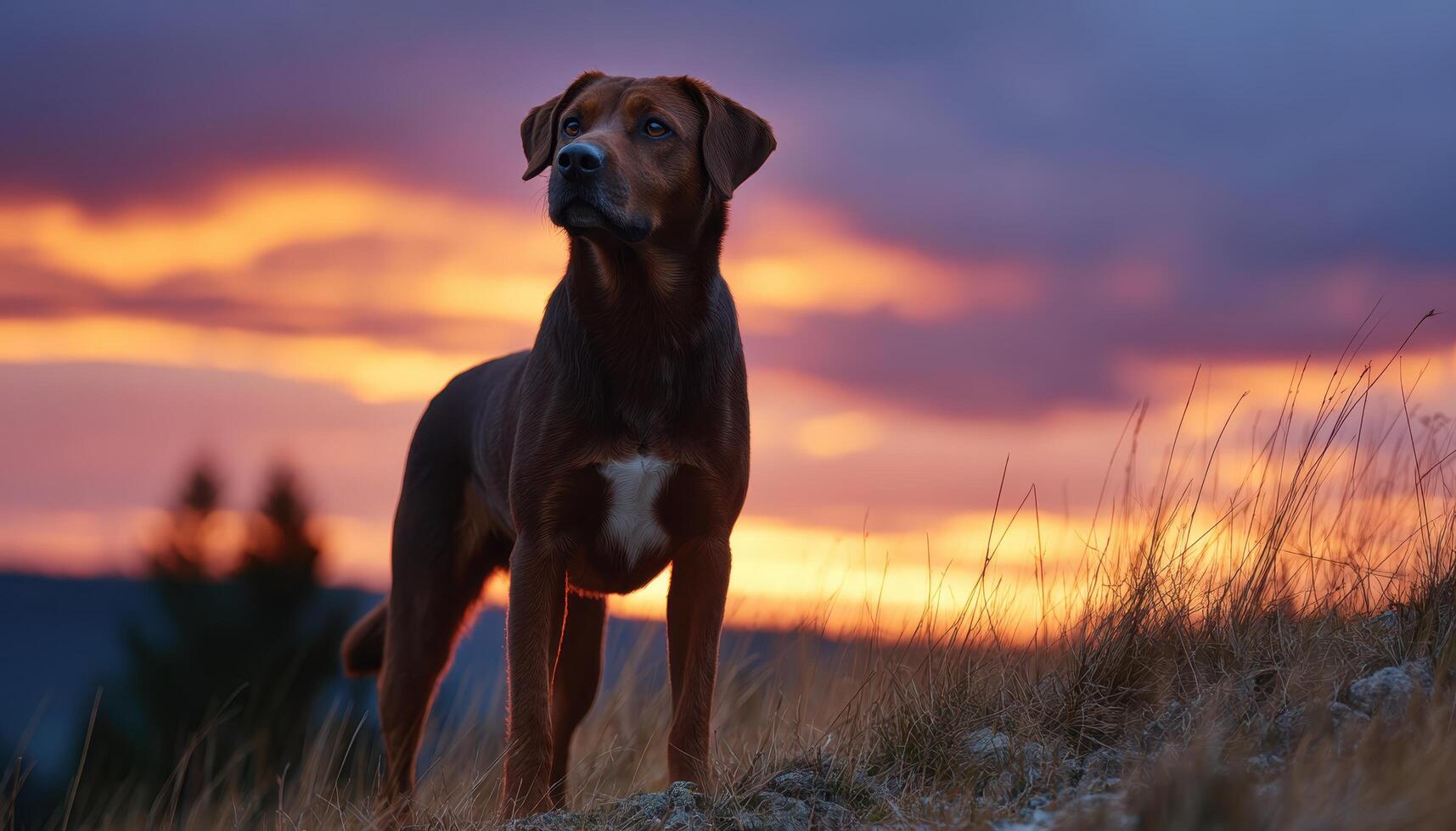 Majestic silhouette of dog on hilltop against vast sky at sunset natural landscape serene view photo