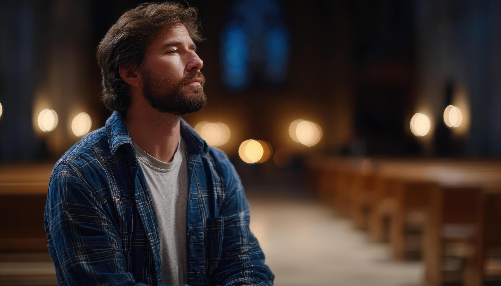 Man kneeling in prayer inside a quiet church spiritual reflection peaceful atmosphere photo