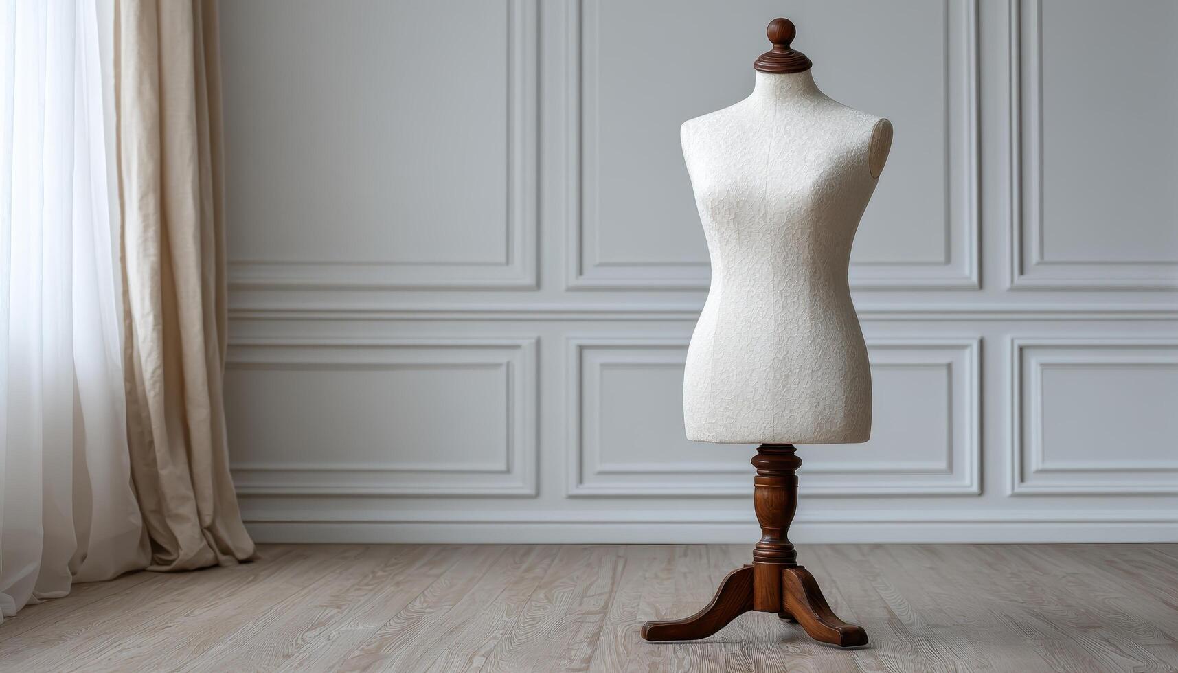 Empty mannequin on wooden stand in quiet fashion studio minimalist design peaceful environment photo