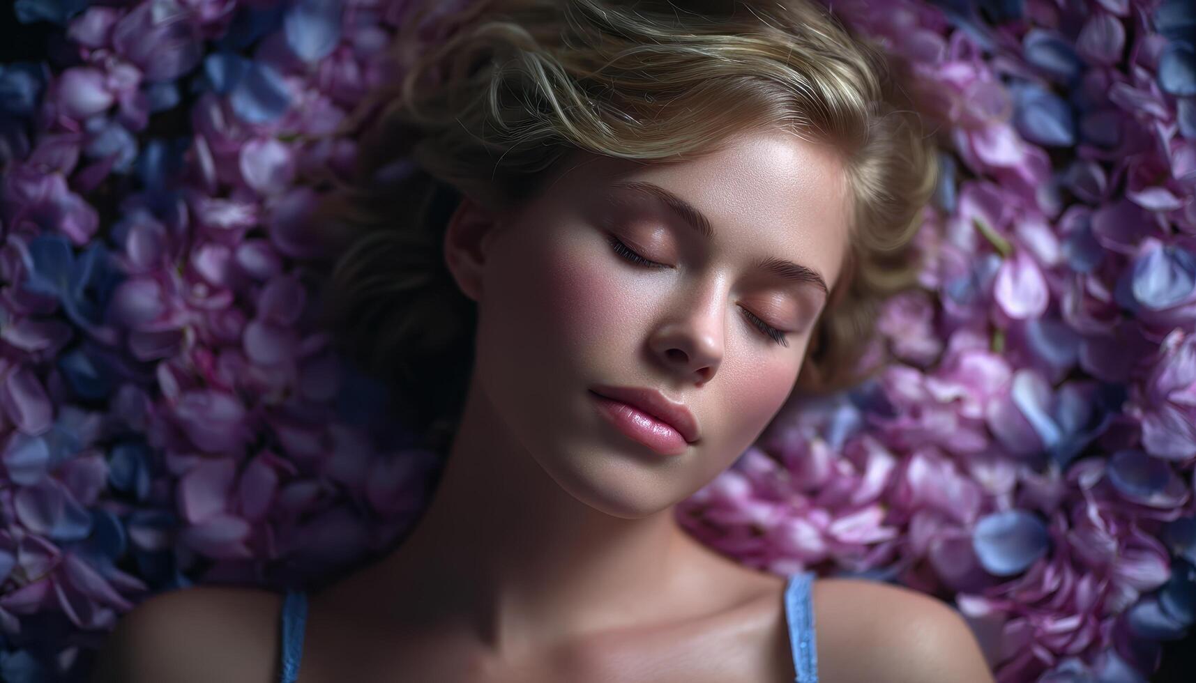 Dreamy artistic view of a woman surrounded by flower petals in nature photo