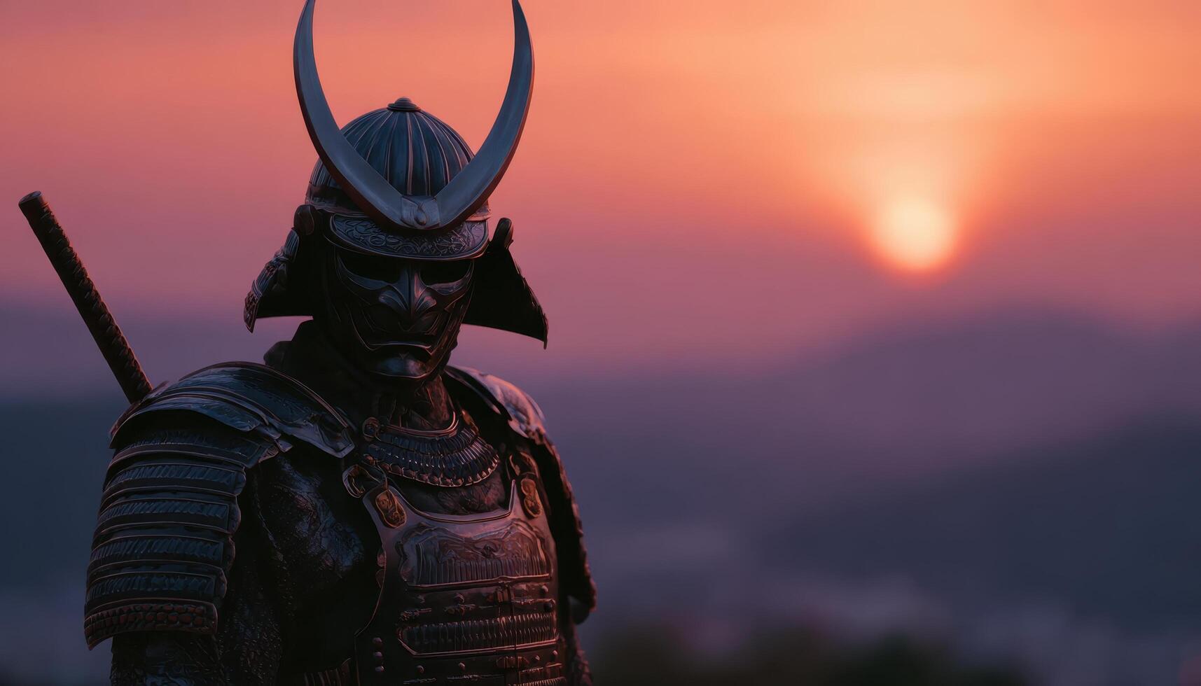 Feudal japanese warrior standing on castle walls at sunset captivating historical scene photo