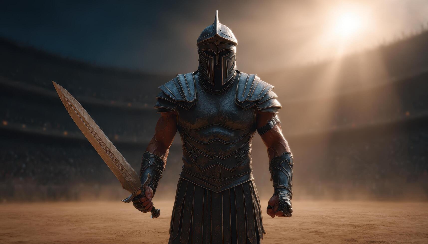 Gladiator raises sword in arena illuminated by sunbeams epic battle scene ancient rome photo