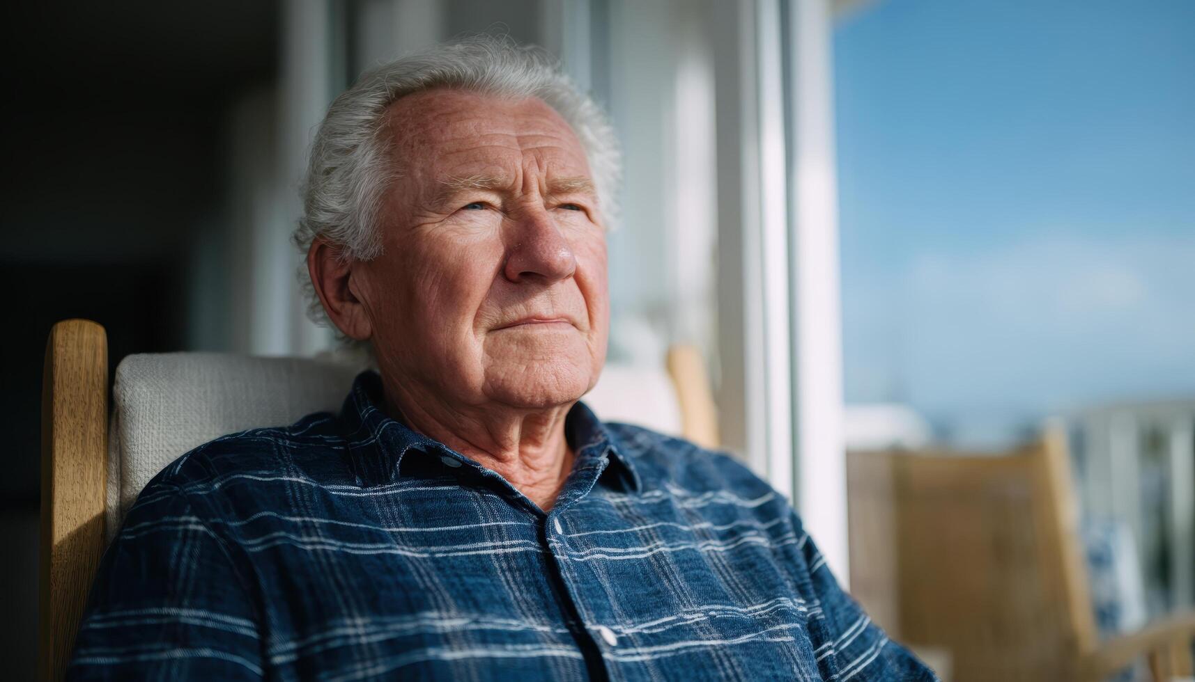 Reflective moment lonely senior man in rocking chair empty room cozy environment thoughtful view photo