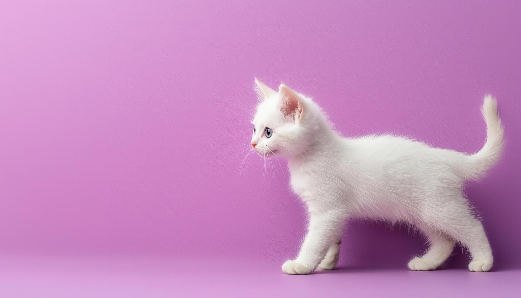 Fluffy white kitten walking on clean violet background cute pet image low resolution photo