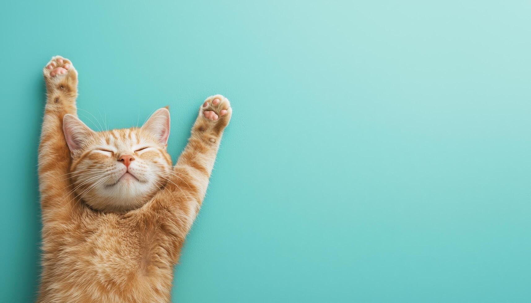 Adorable cat stretching on sky blue background playful pet photography soft shadow effect photo