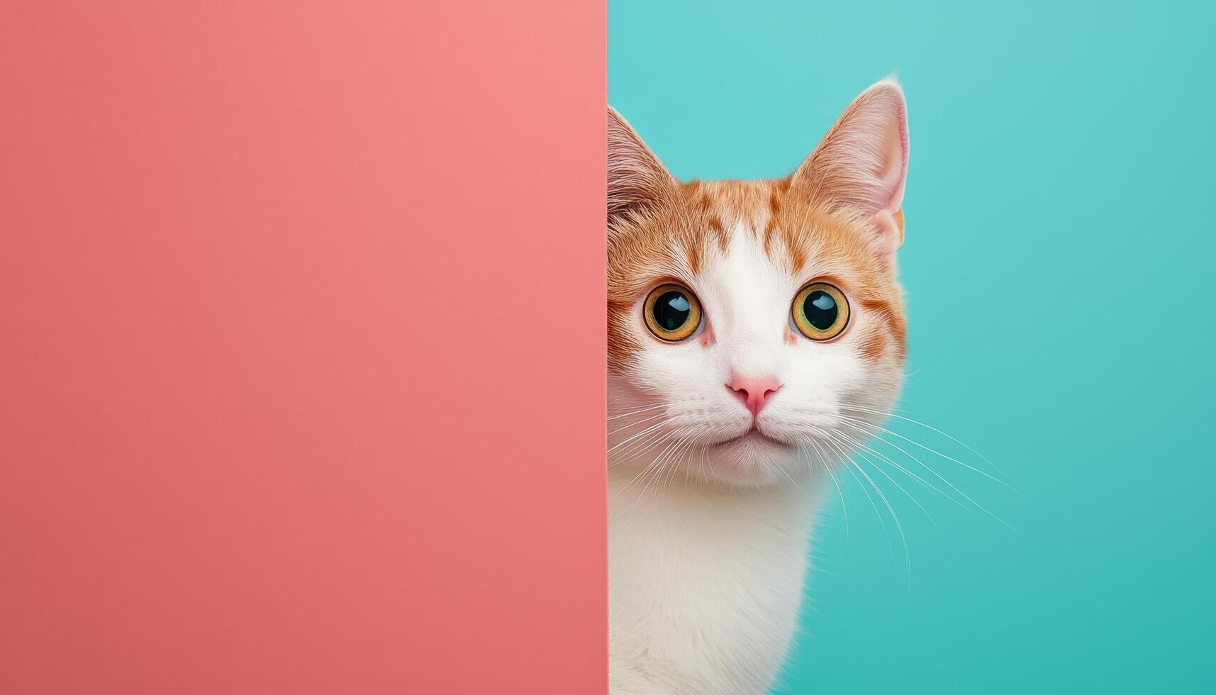 Playful cat peeking from corner minimalist color background fun and lighthearted environment photo