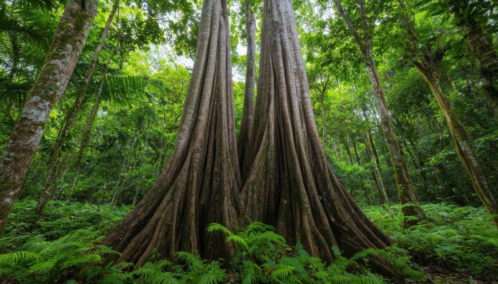 Lush tropical forest ground-level view of ancient trees covered in moss and ferns photo