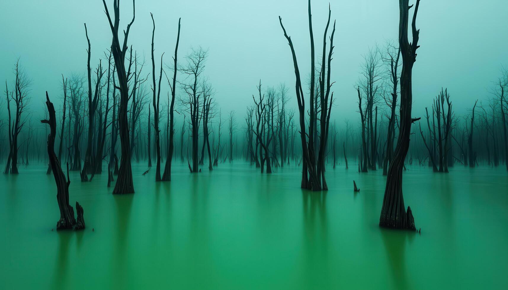Eerie swamp landscape with twisted dead trees reflecting in water mysterious environment photo
