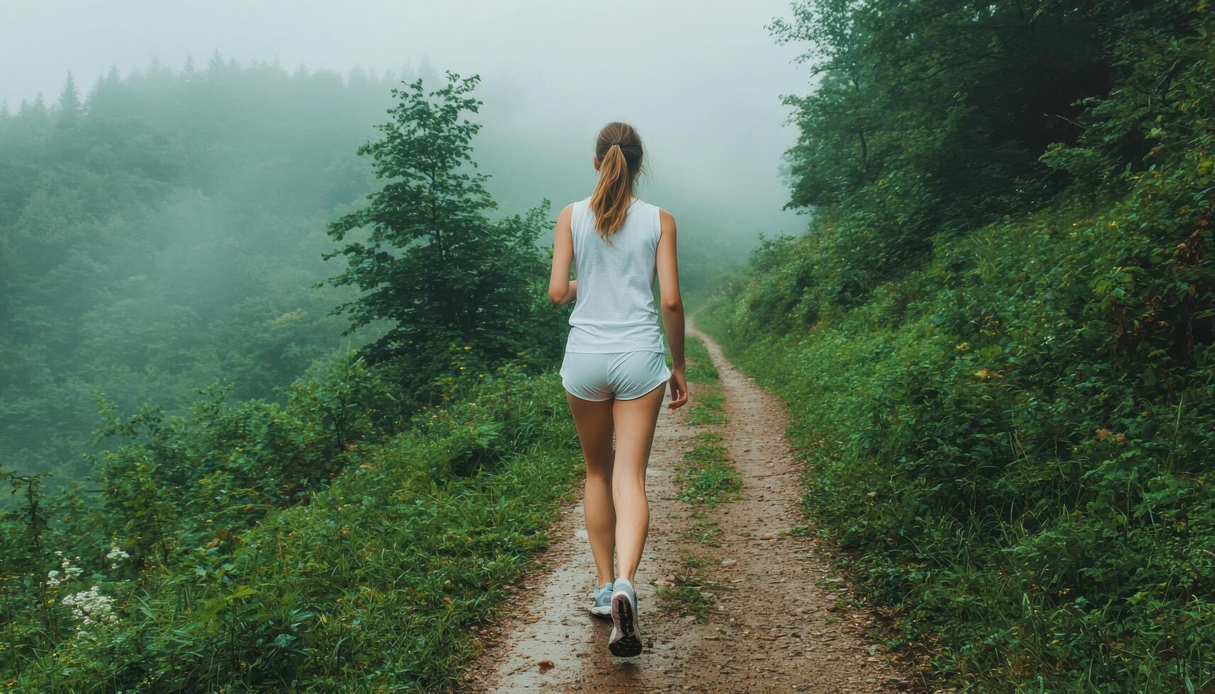 Young woman jogging on forest trail in early morning peaceful environment healthy lifestyle photo