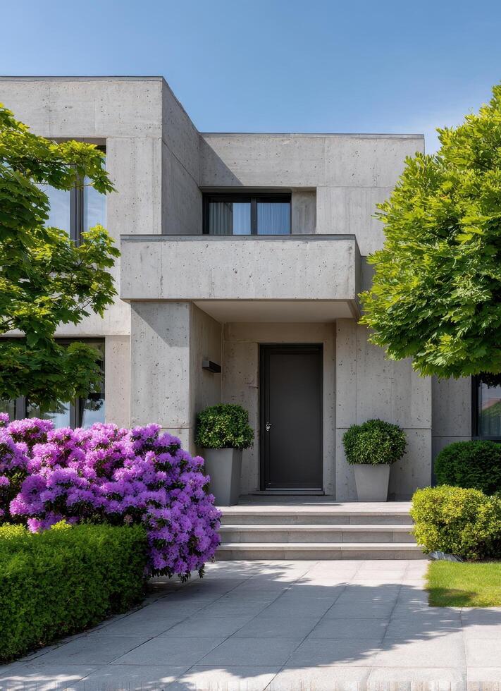 Brutalist style townhouse with exposed cement texture modern garden residential area minimalist design photo