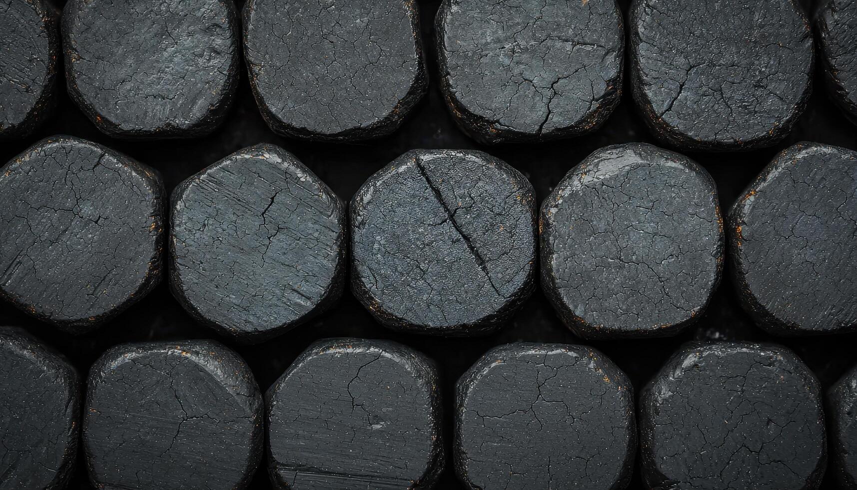 Close-up view of stacked black charcoal briquettes in standard arrangement for grilling photo