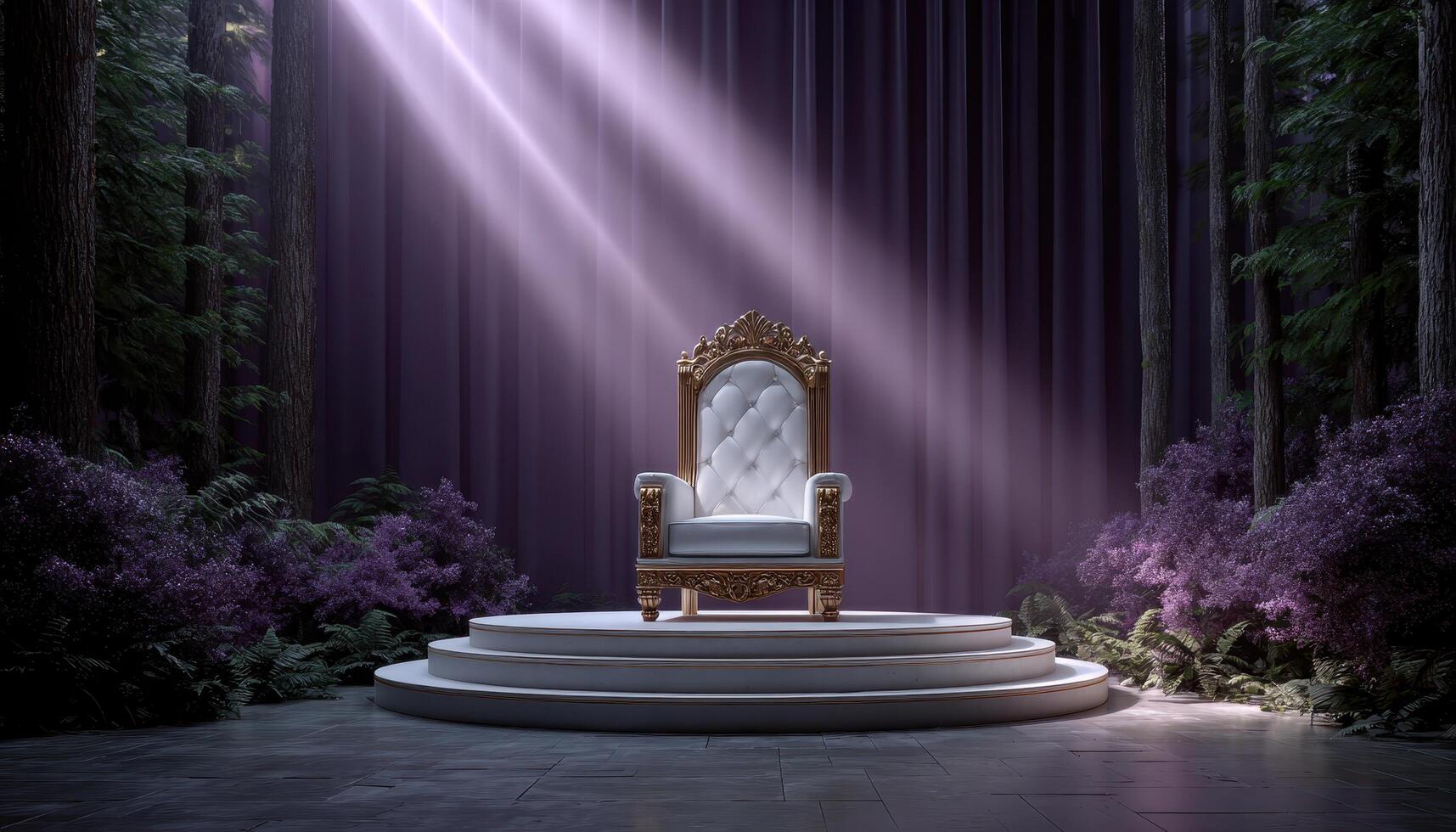 Mystical floating throne bathed in sunrays enchanted forest digital art magical atmosphere photo
