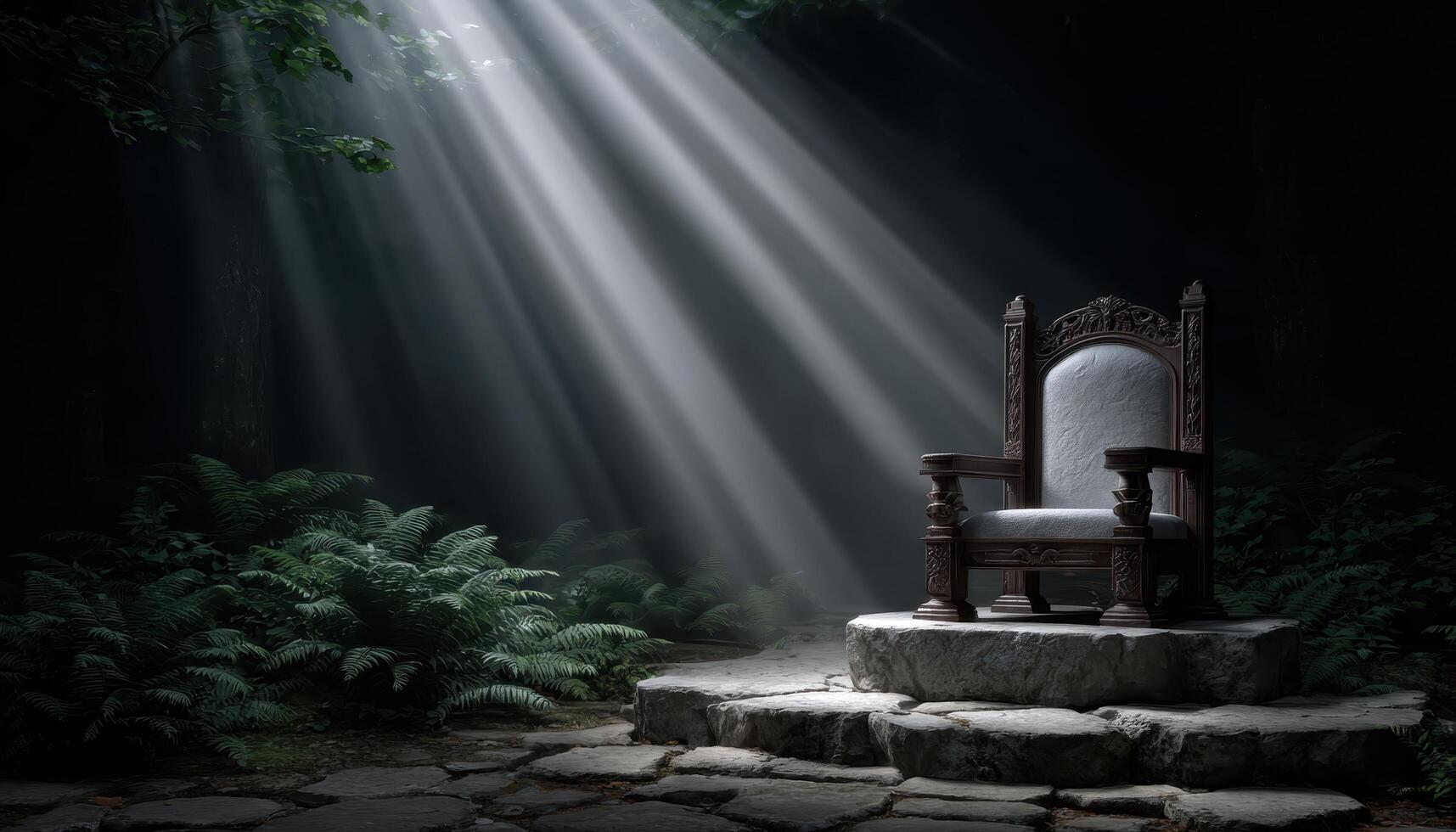 Majestic floating throne illuminated by sunrays in enchanted forest magical atmosphere photo