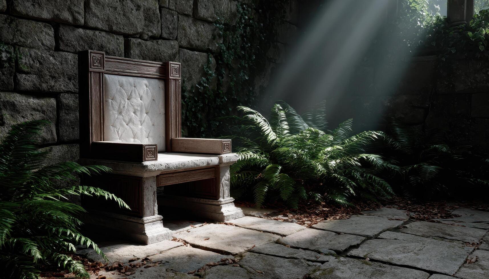 Mystical throne in sunlit ruins fantasy art enchanted environment serene view photo