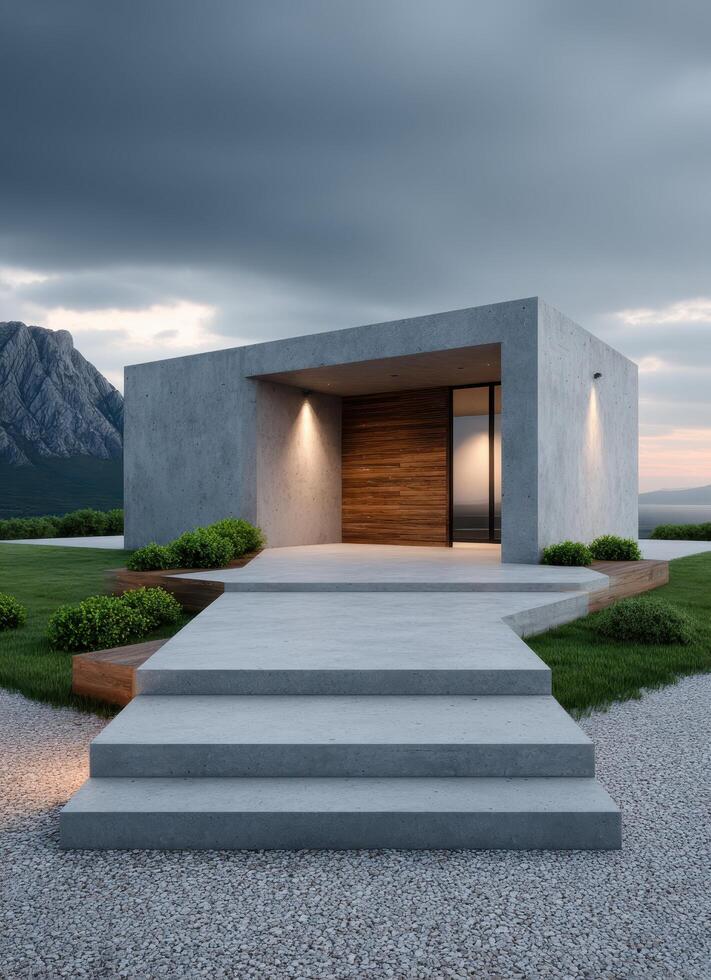 Sleek concrete house with wood accents mountain view modern architecture evening atmosphere photo
