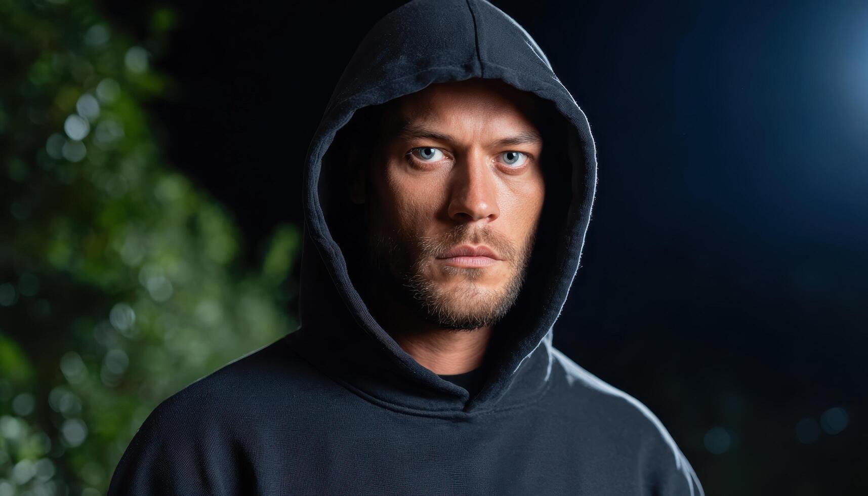 Mysterious shadowy figure in hoodie with glowing eyes at night urban setting portrait photo