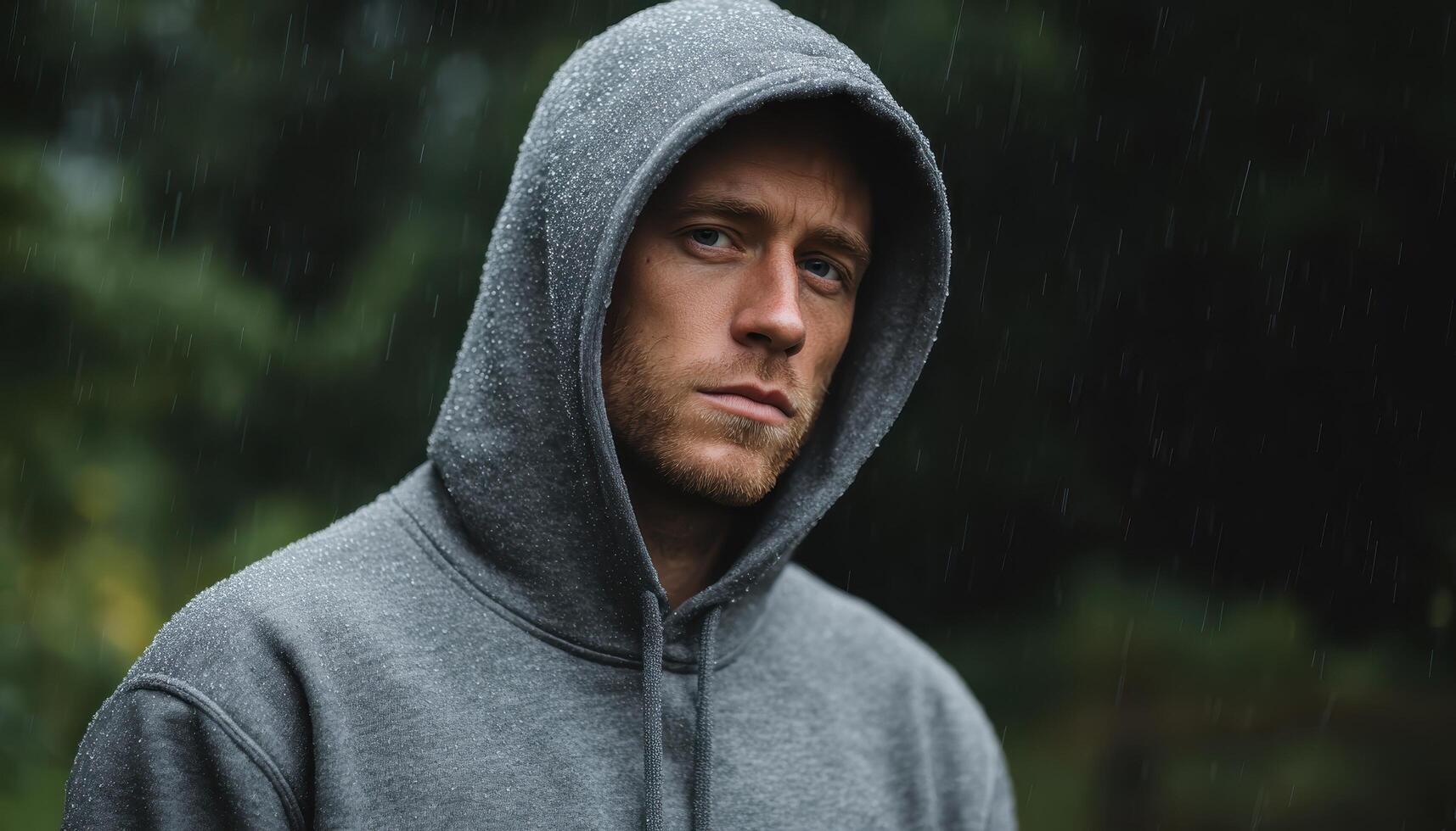 Hooded man standing alone in rain urban setting portrait photography moody atmosphere photo