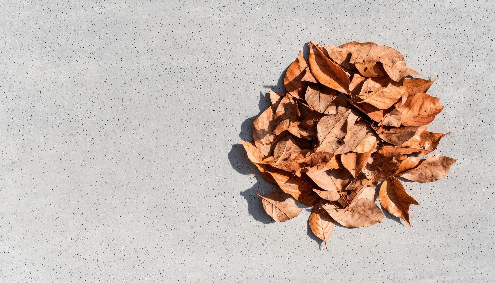 Textured detail of dry leaf pile on concrete with soft shadows in urban environment photo