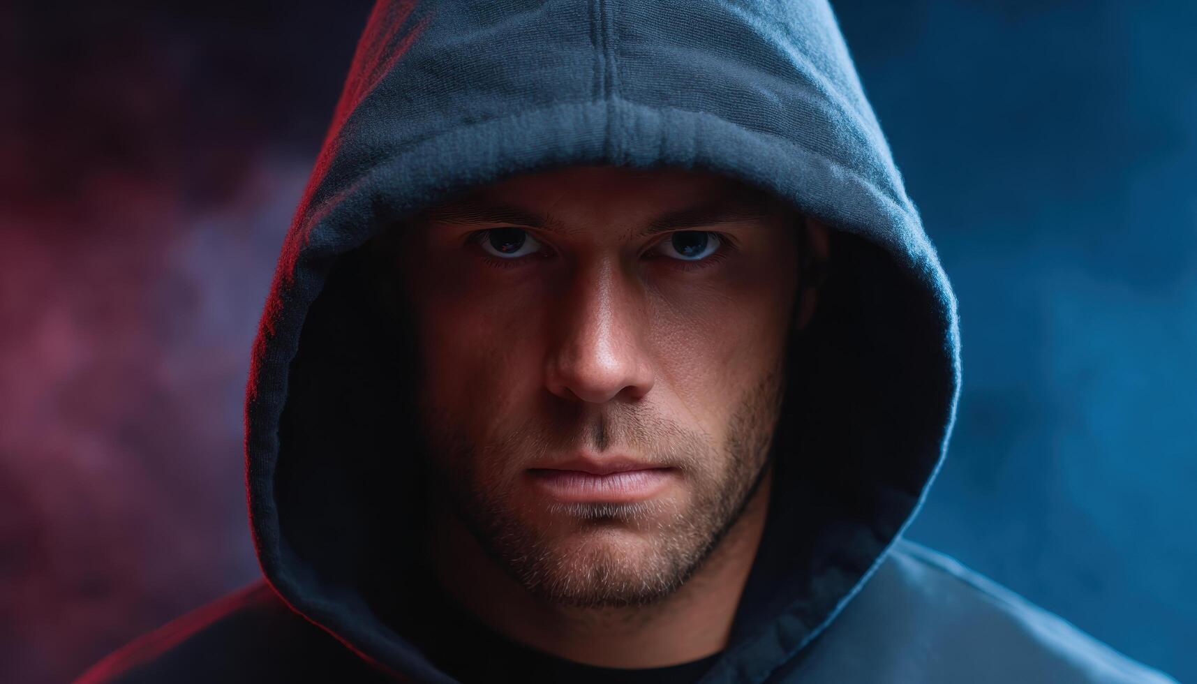 Mysterious hooded man surrounded by smoke dark studio portrait low-key lighting photo
