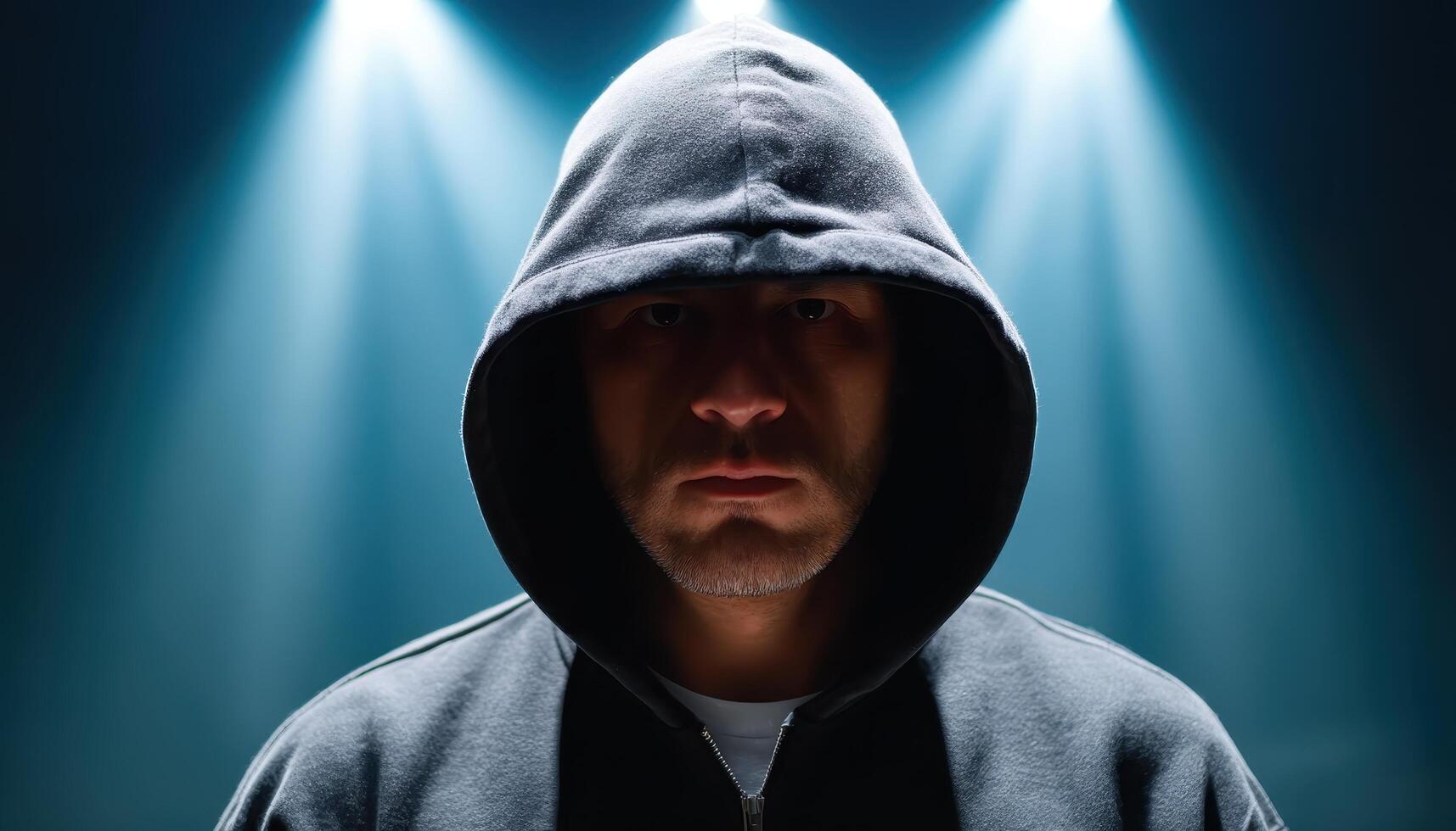 Mysterious hooded figure in dark setting with glowing lights studio portrait dramatic concept photo