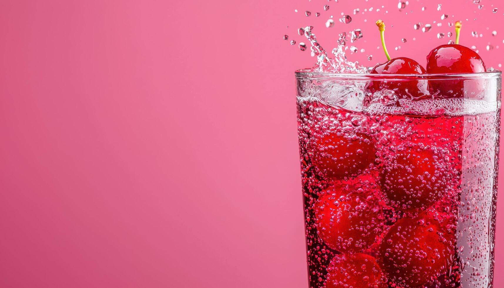 Acerola cherries splashing in fizzy soda refreshing drink pink background vibrant viewpoint photo