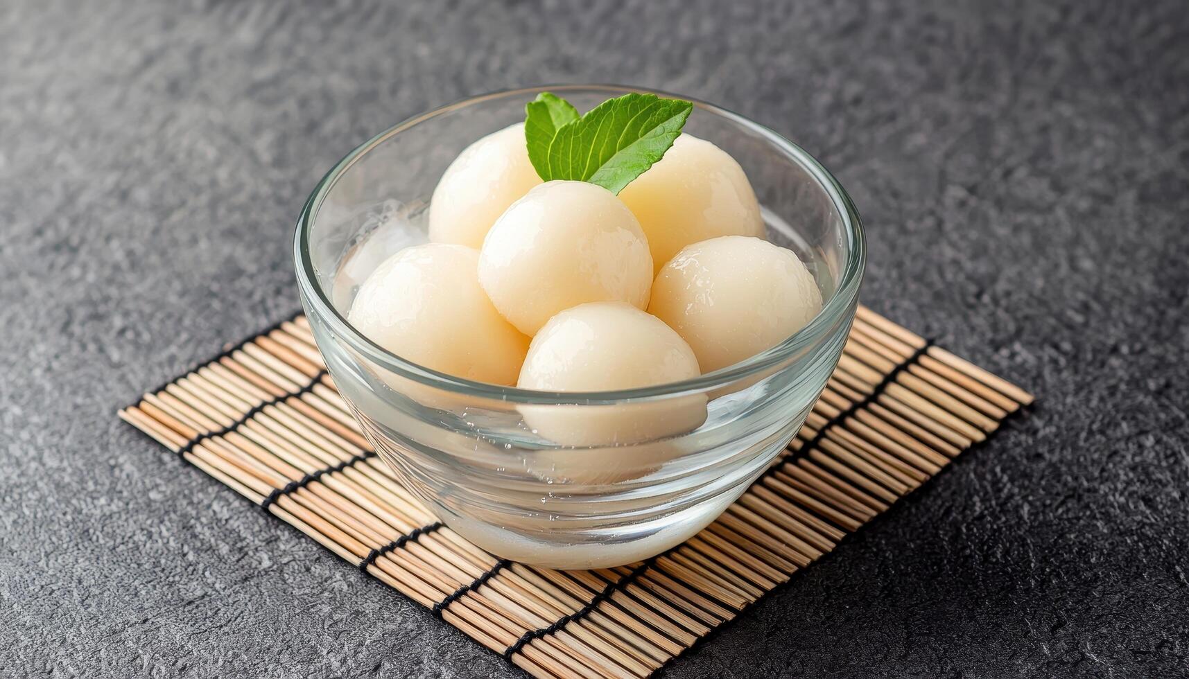 Refreshing lychee ice dessert in glass bowl on bamboo mat minimalist setup elegant presentation photo