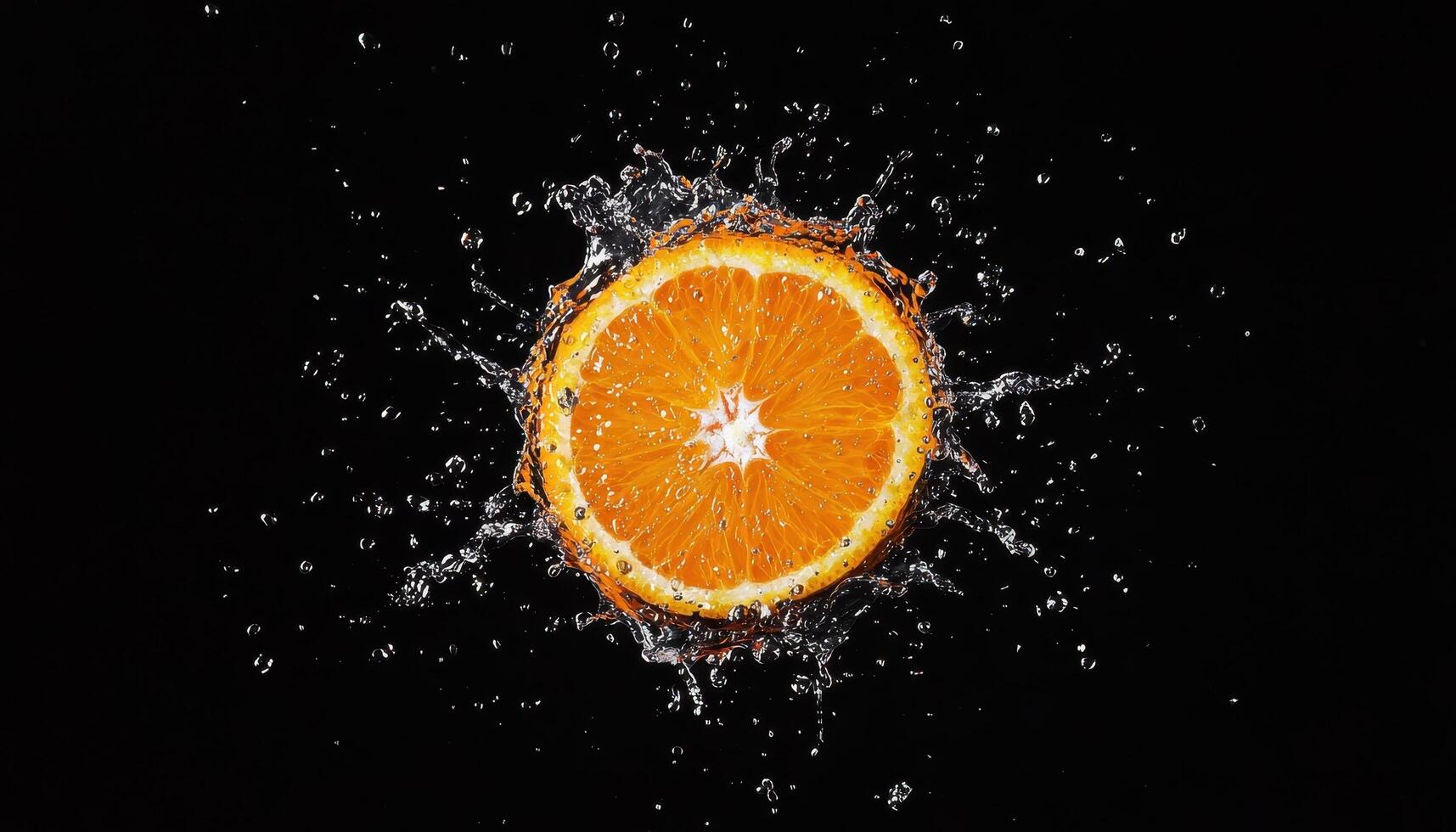 Sliced orange splashing in water black background close-up vibrant droplets freshness photo