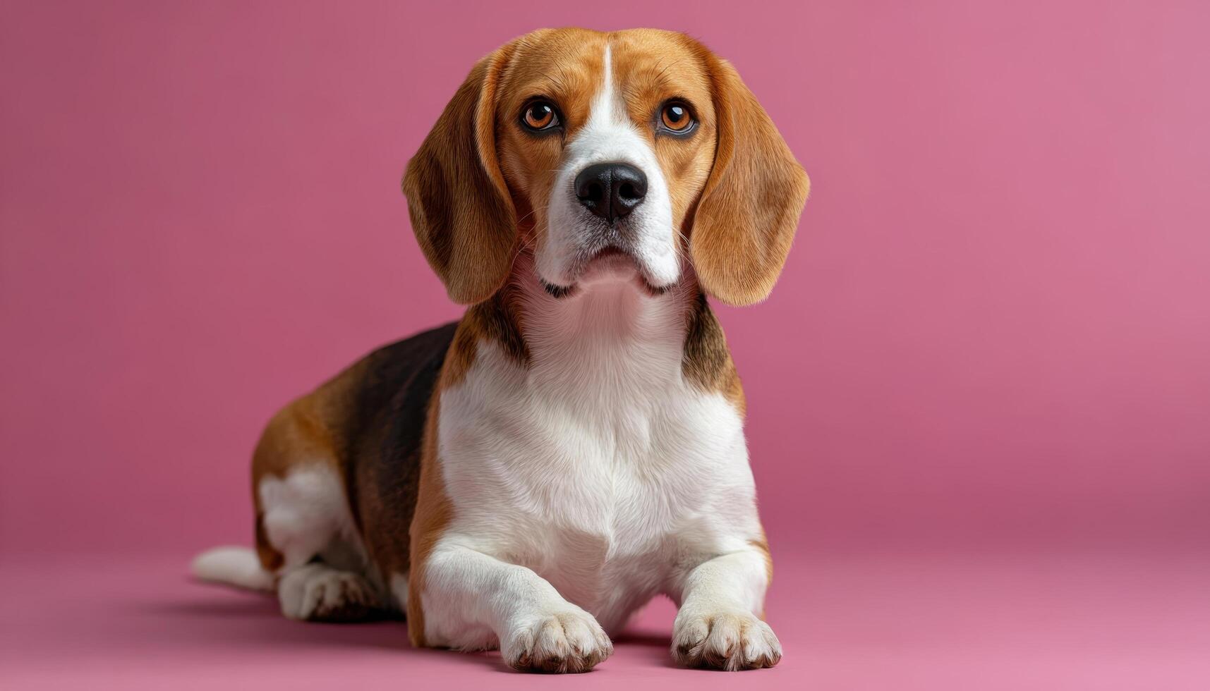 Adorable beagle dog sitting obediently on clean pink background in studio setting photo