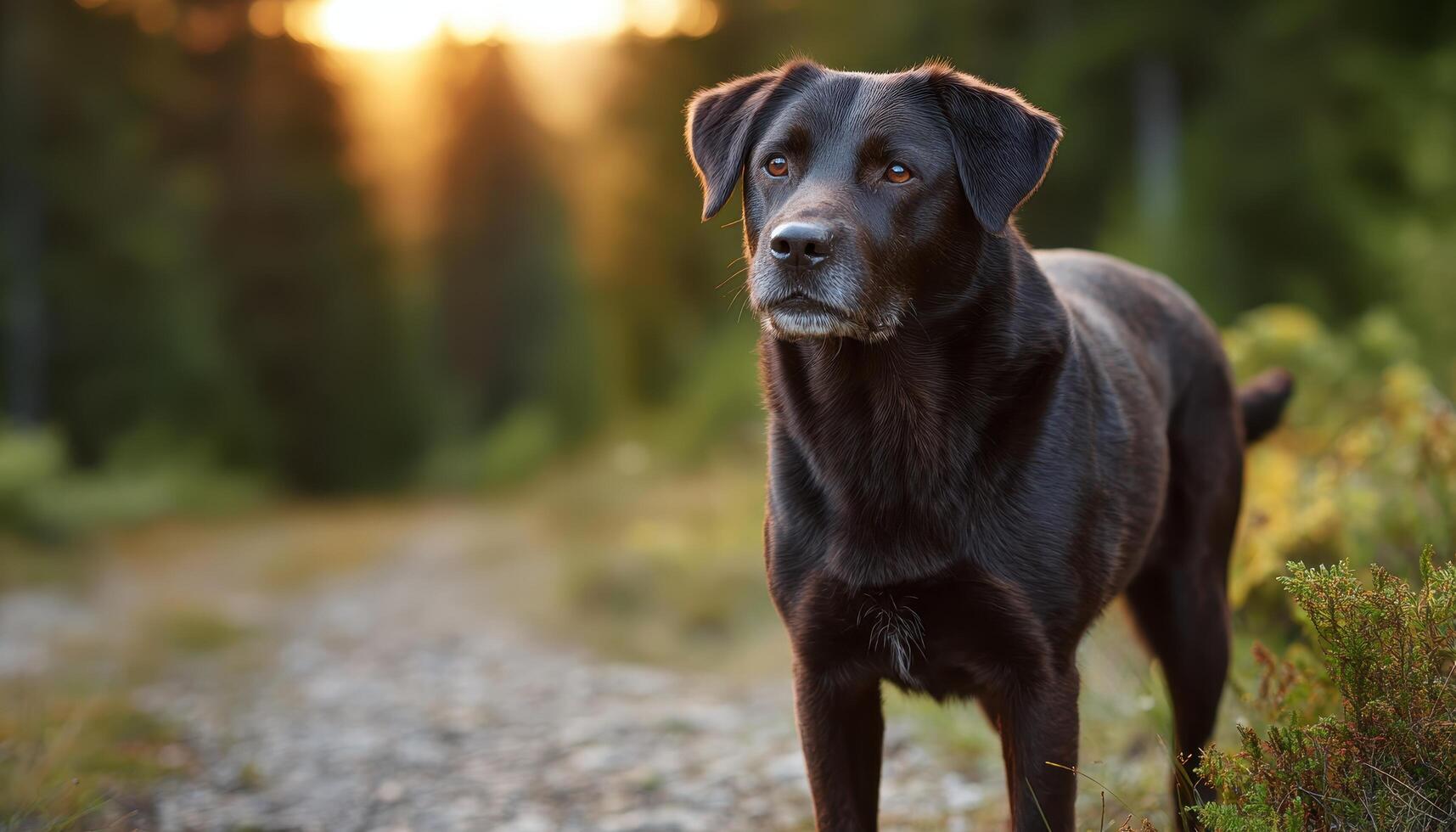 Dog standing tall in glowing sunlight outdoor forest path nature photography warm environment ground view photo