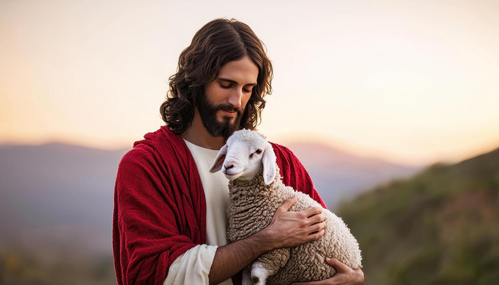 Jesus embracing a lamb in a serene landscape artistic portrayal loving expression photo