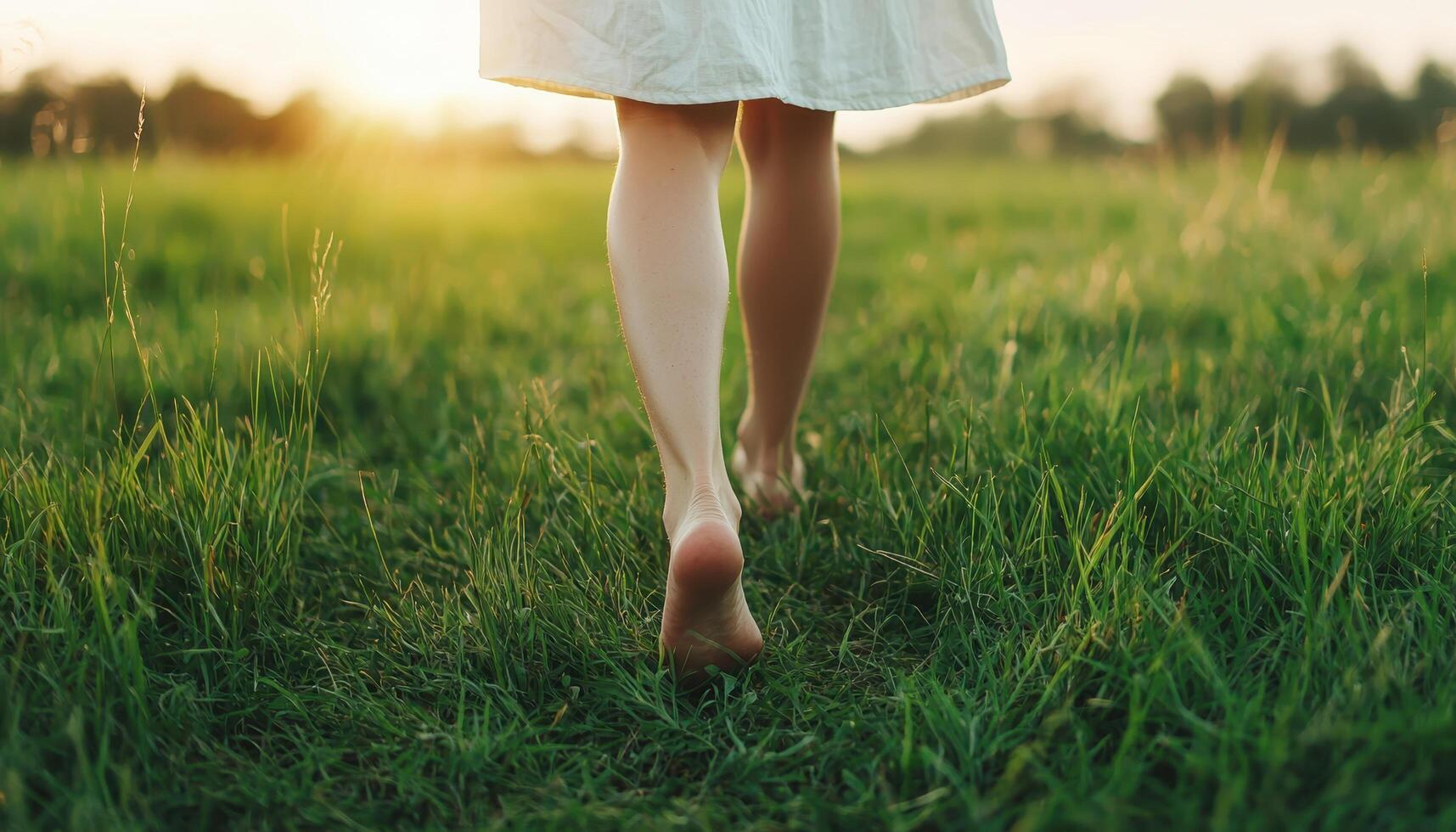 Barefoot woman walking on soft grass at sunset nature scene peaceful environment photo