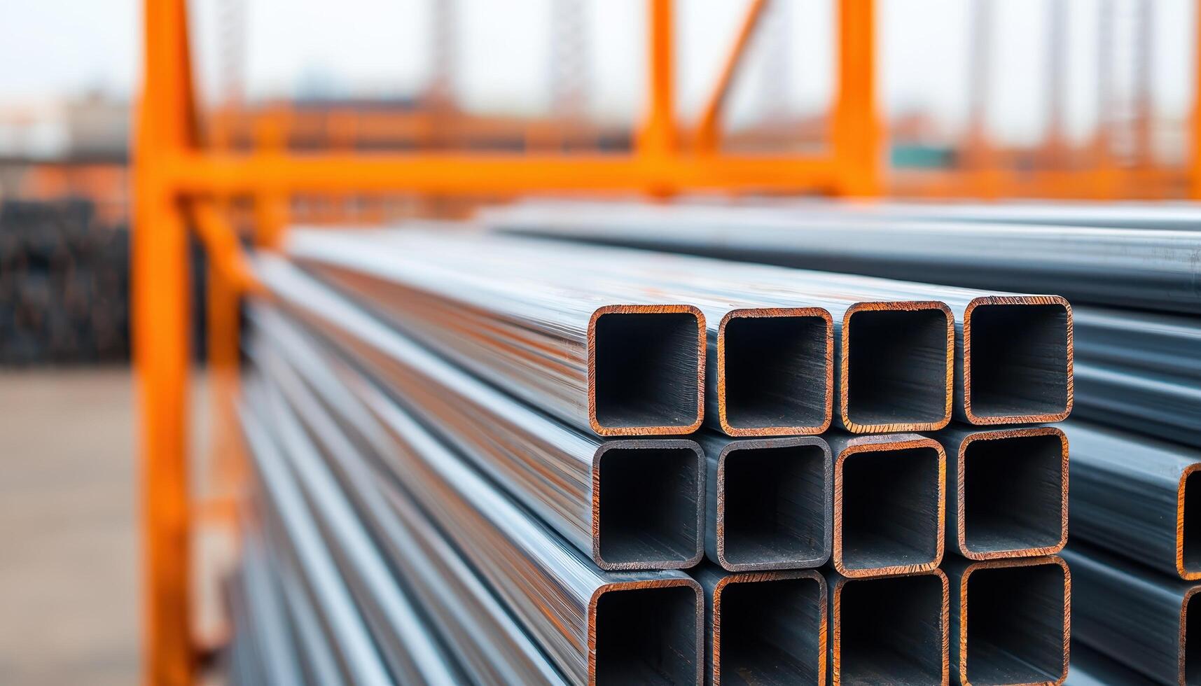 Stacked steel beams with reflective surfaces near scaffolding in industrial setting photo