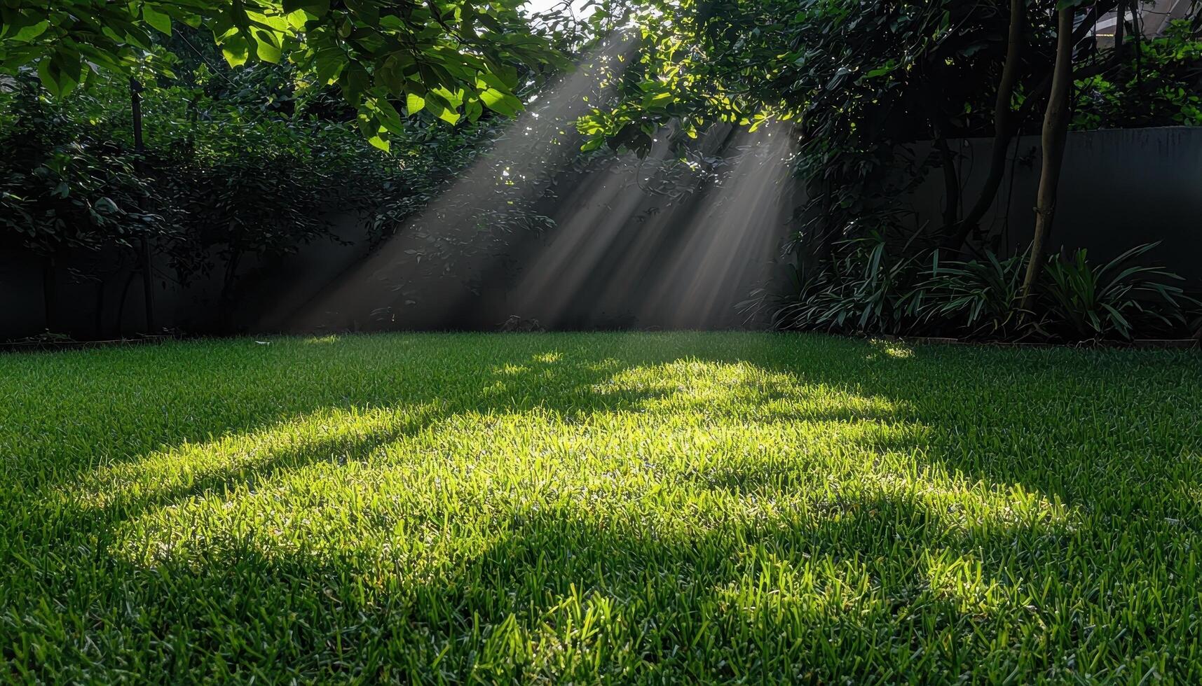 Sunlit backyard garden with trimmed grass relaxing ambience tranquil nature scene photo