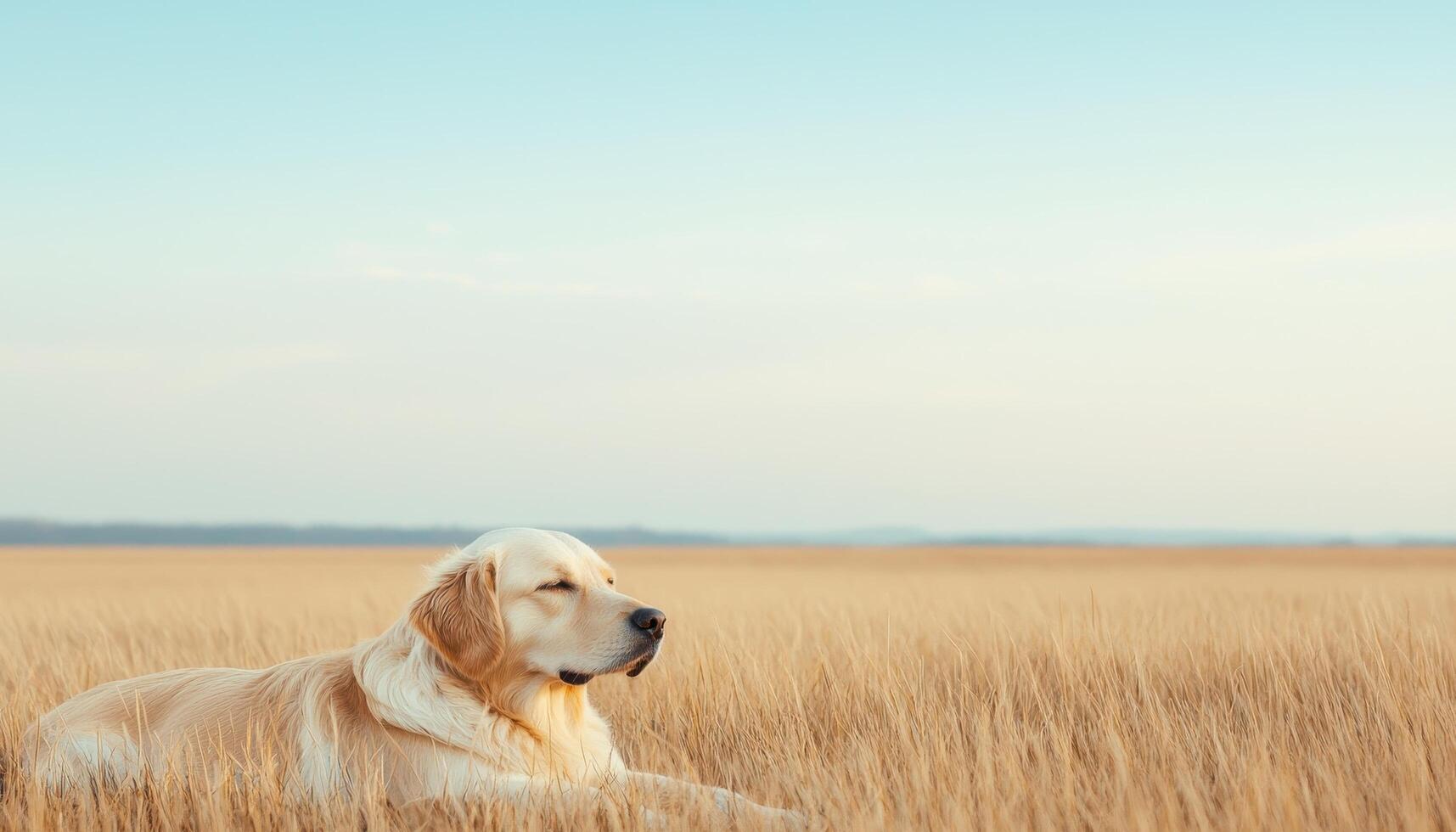 Calm dog resting in wide open field of grass nature scene peaceful environment photo
