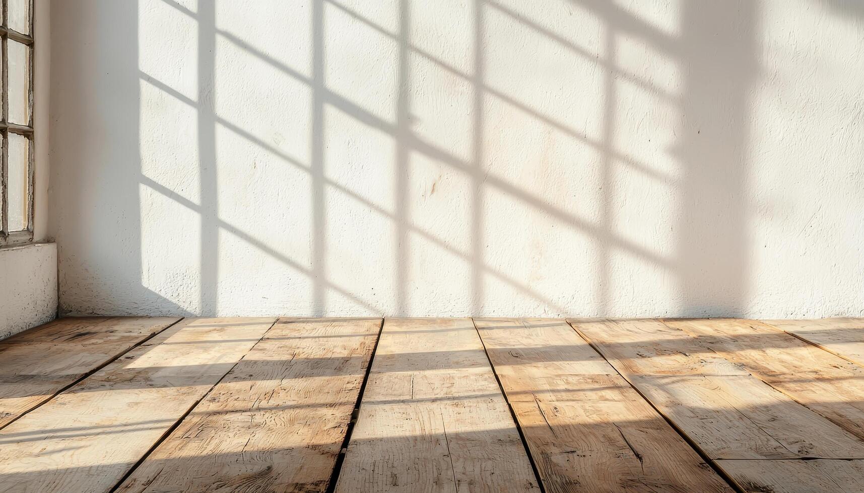 Sunlit raw wooden plank floor with shadows indoor natural light minimalist design photo
