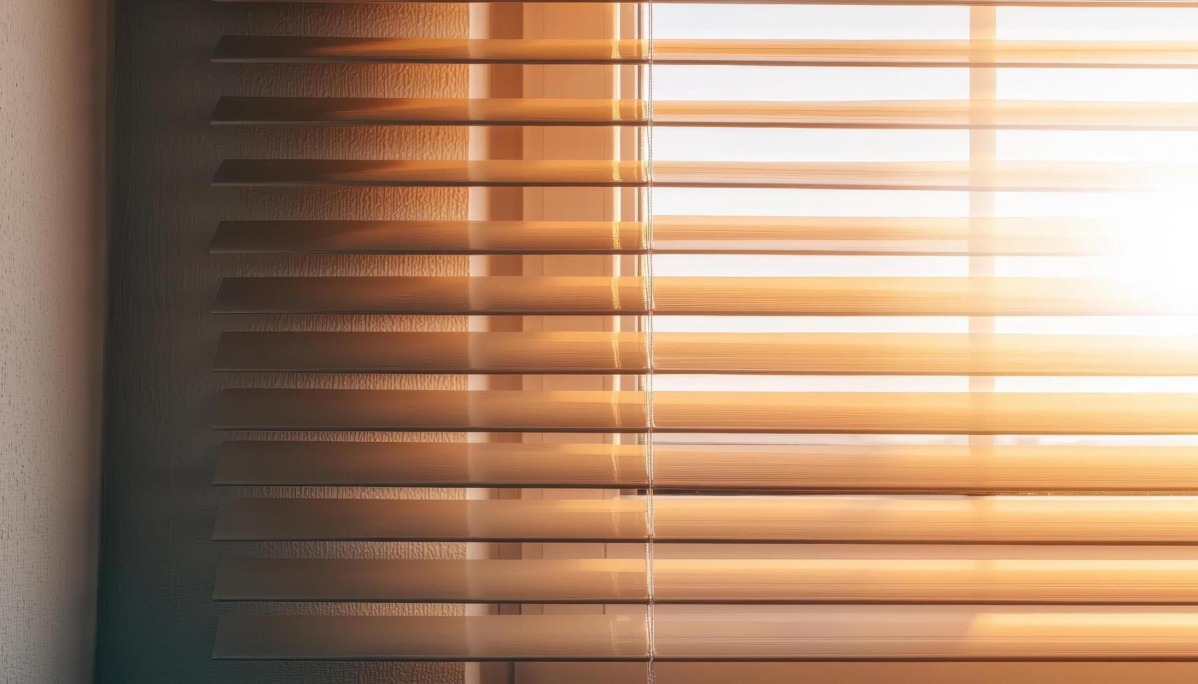 Sunlight through window blinds home interior silhouette patterns warm atmosphere close-up photo