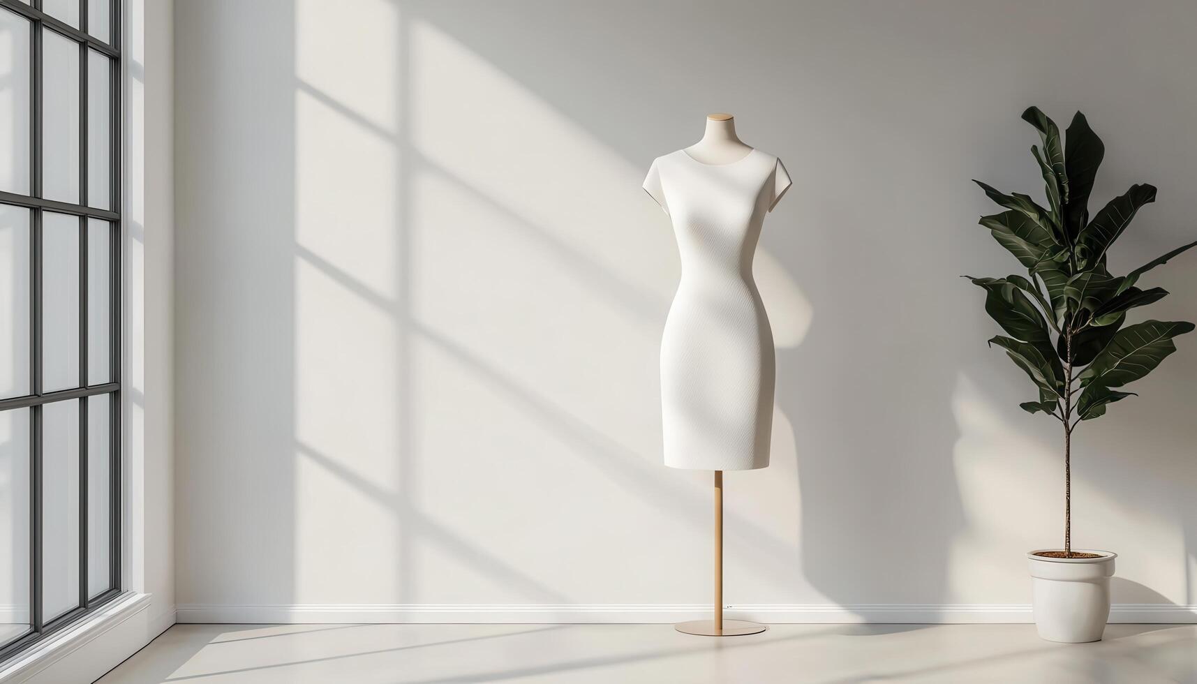 Stylish empty dress stand bathed in sunlight by window minimalist design interior view photo