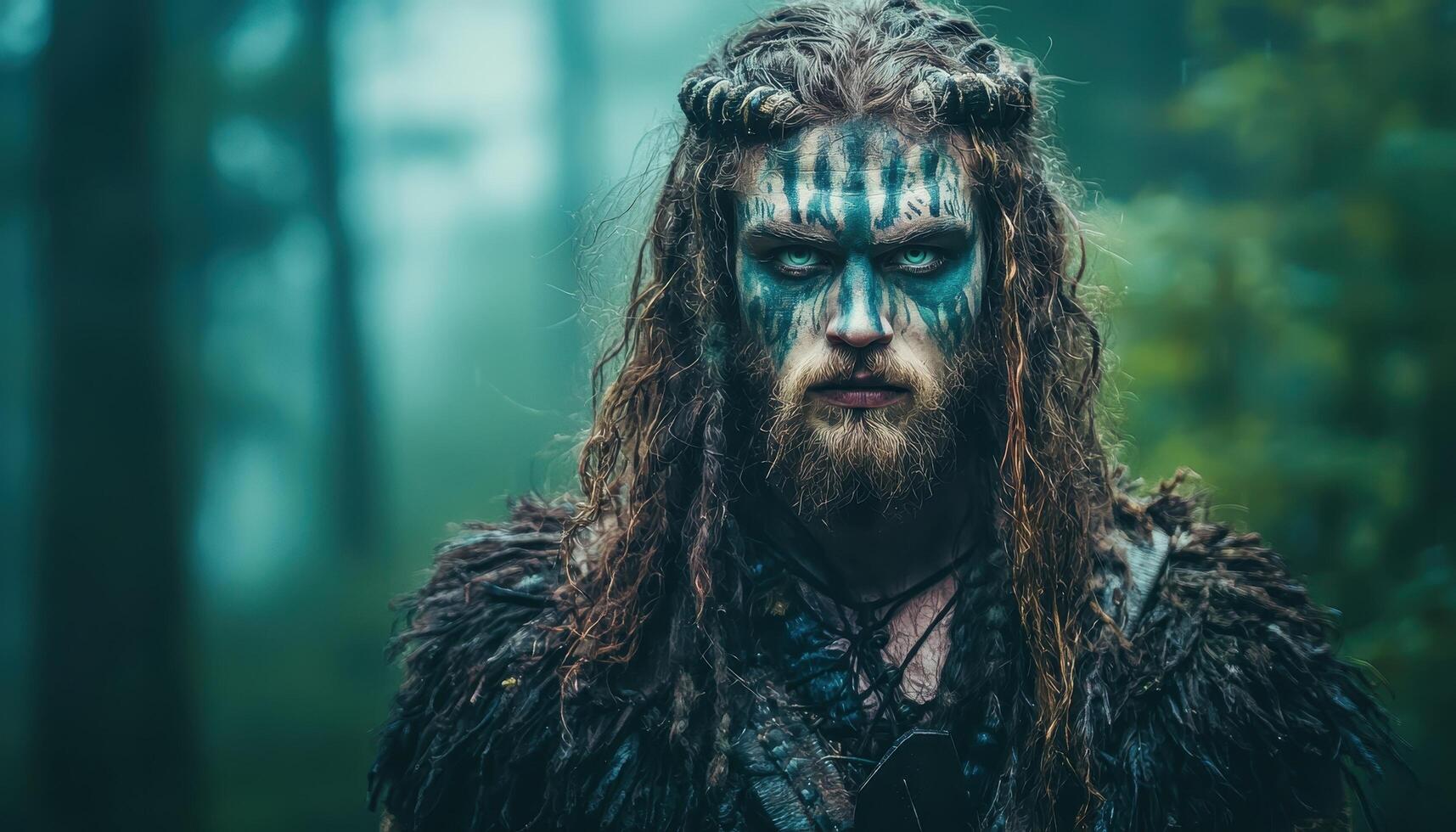Celtic warrior with painted face in enchanted forest fantasy art mysterious atmosphere photo